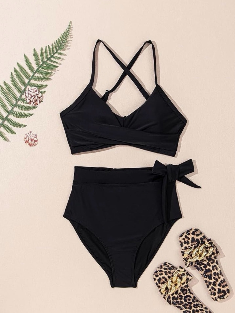 Black High-Waist Wrap Bikini Set with Side Tie - Women Swim - Picture 4 of 8